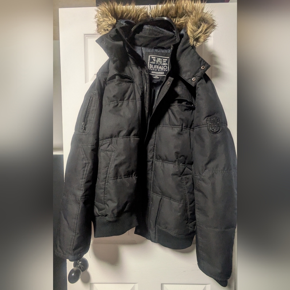 Buffalo David Bitton Black Puffer Jacket with Faux Fur Hood